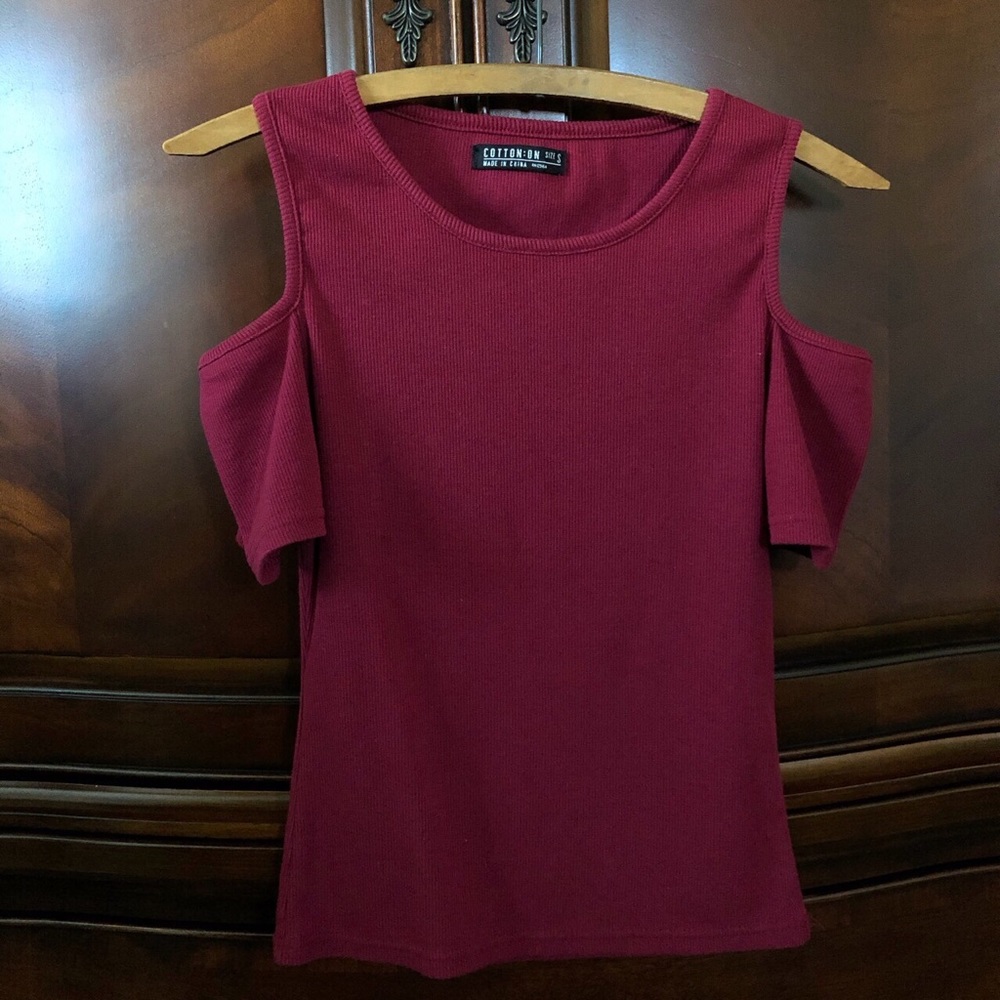 burgundy cotton on open-shoulder blouse